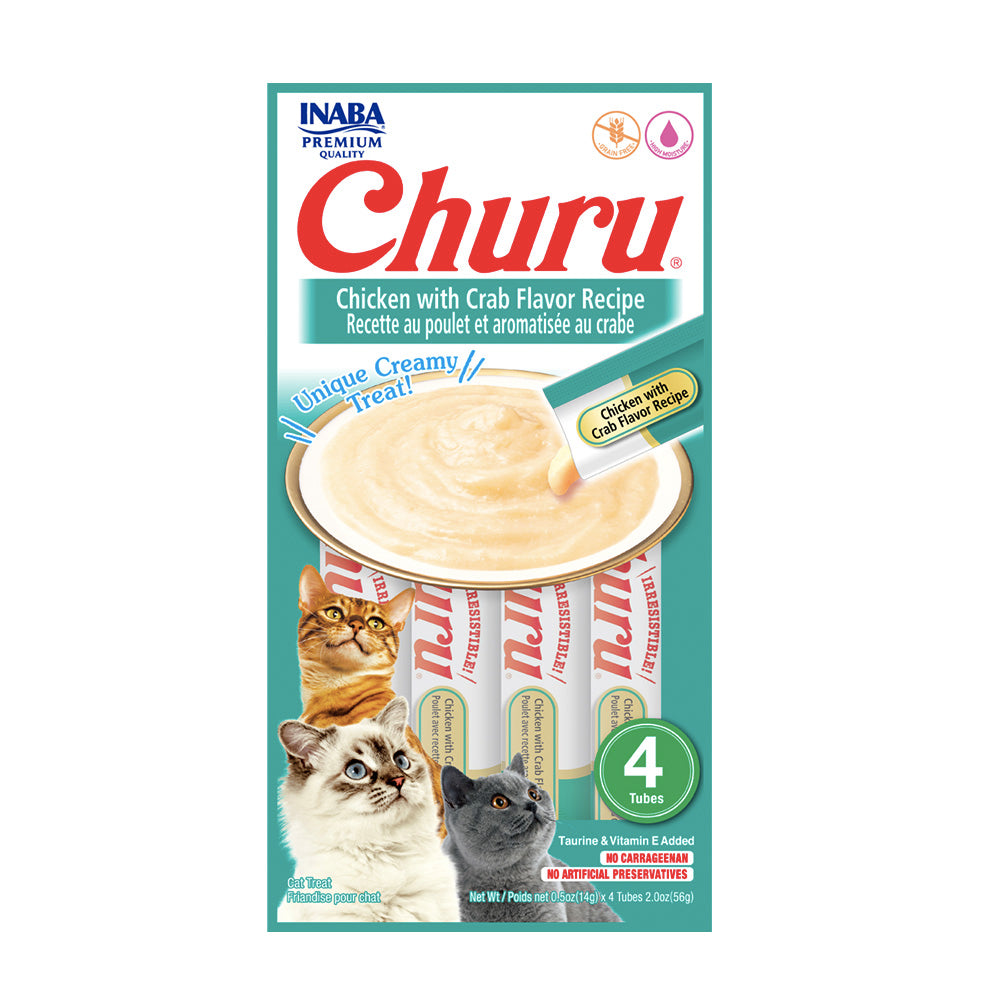 INABA CAT SNACK CHURU 4 PIEZAS - CHICKEN WITH CRAB- POLLO Y CANGREJO 56 GR