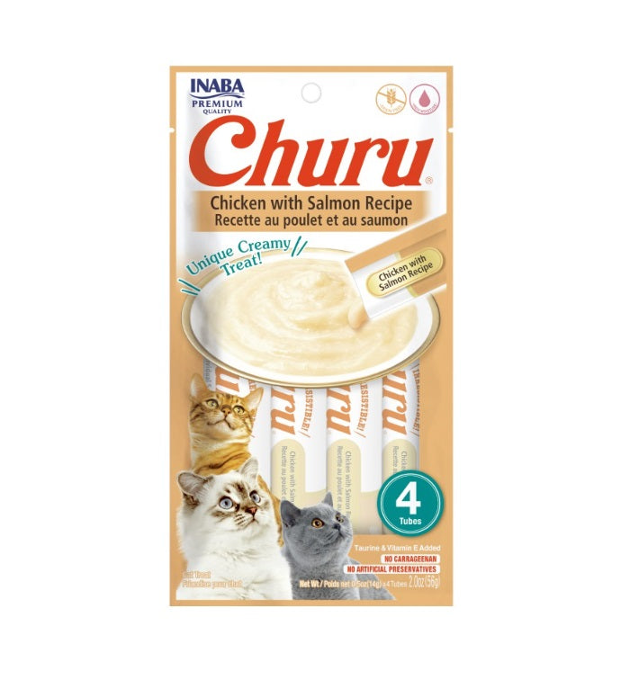 INABA CAT SNACK CHURU 4 PIEZAS - CHICKEN WITH SALMON - POLLO Y SALMON 56 GR