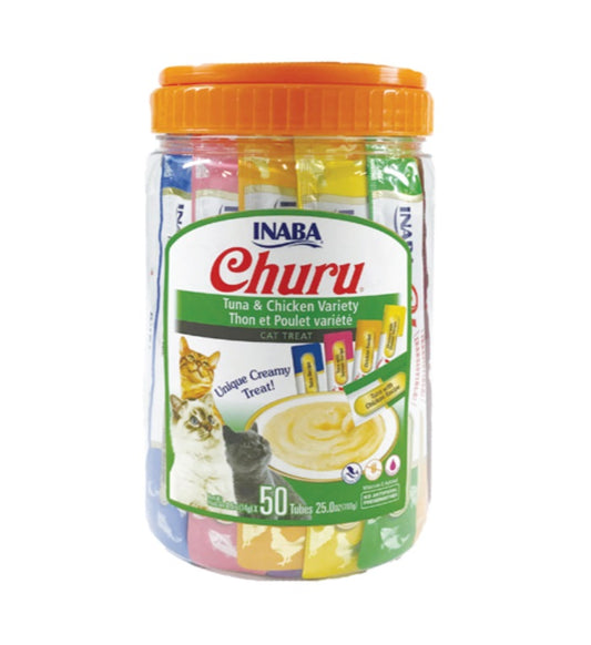 INABA CAT SNACK CHURU BOMBONERA 50 PIEZAS -  VARIEDAD DE  POLLO Y ATUN 700 GR