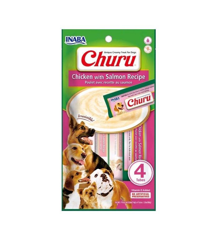 INABA DOG SNACK CHURU 4 PIEZAS - CHICKEN WITH SALMON - POLLO  Y SALMON 56 GR