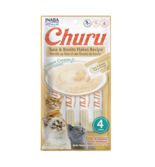 INABA CAT SNACK CHURU 4 PIEZAS - TUNA WITH BONITO FLAKES  - HOJUELAS ATUN - 56 GR