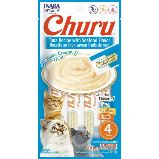 INABA CAT SNACK CHURU TUNA RECIPE WITH SEAFOOD FLAVOR / BOLSA * 4 UNIDADES * 14 gr. (Aguamarina)